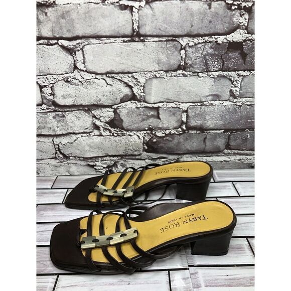 Taryn Rose Brown Leather Stone Slides Strap Heel Sandals Women Sz 38EU/7.5M US - Picture 13 of 16